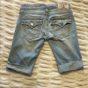 True Religion Light Blue Rolled Denim Shorts